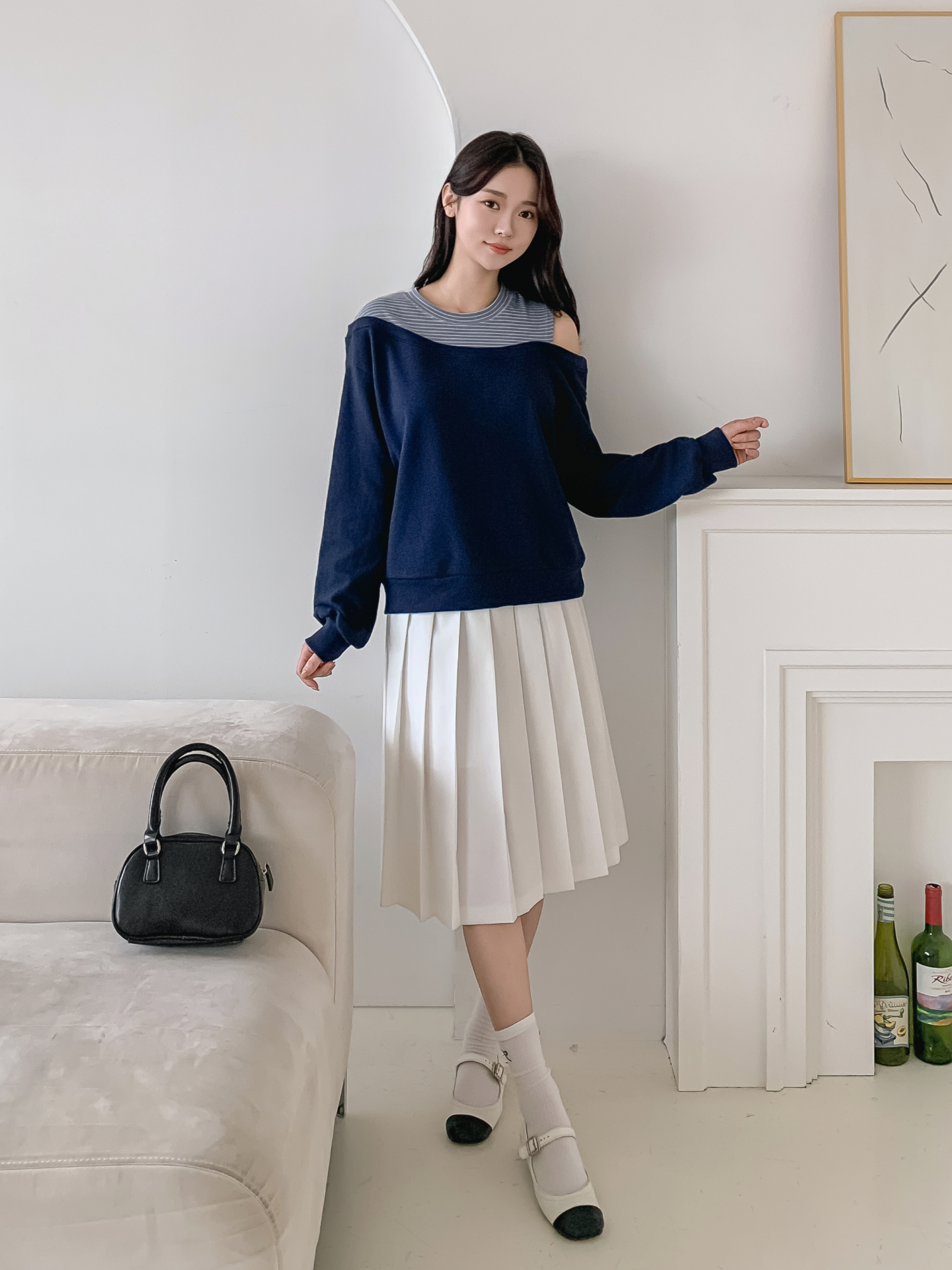 ワンショルダーレイヤード風ルーズ長袖ボーダースウェット | 詳細画像24