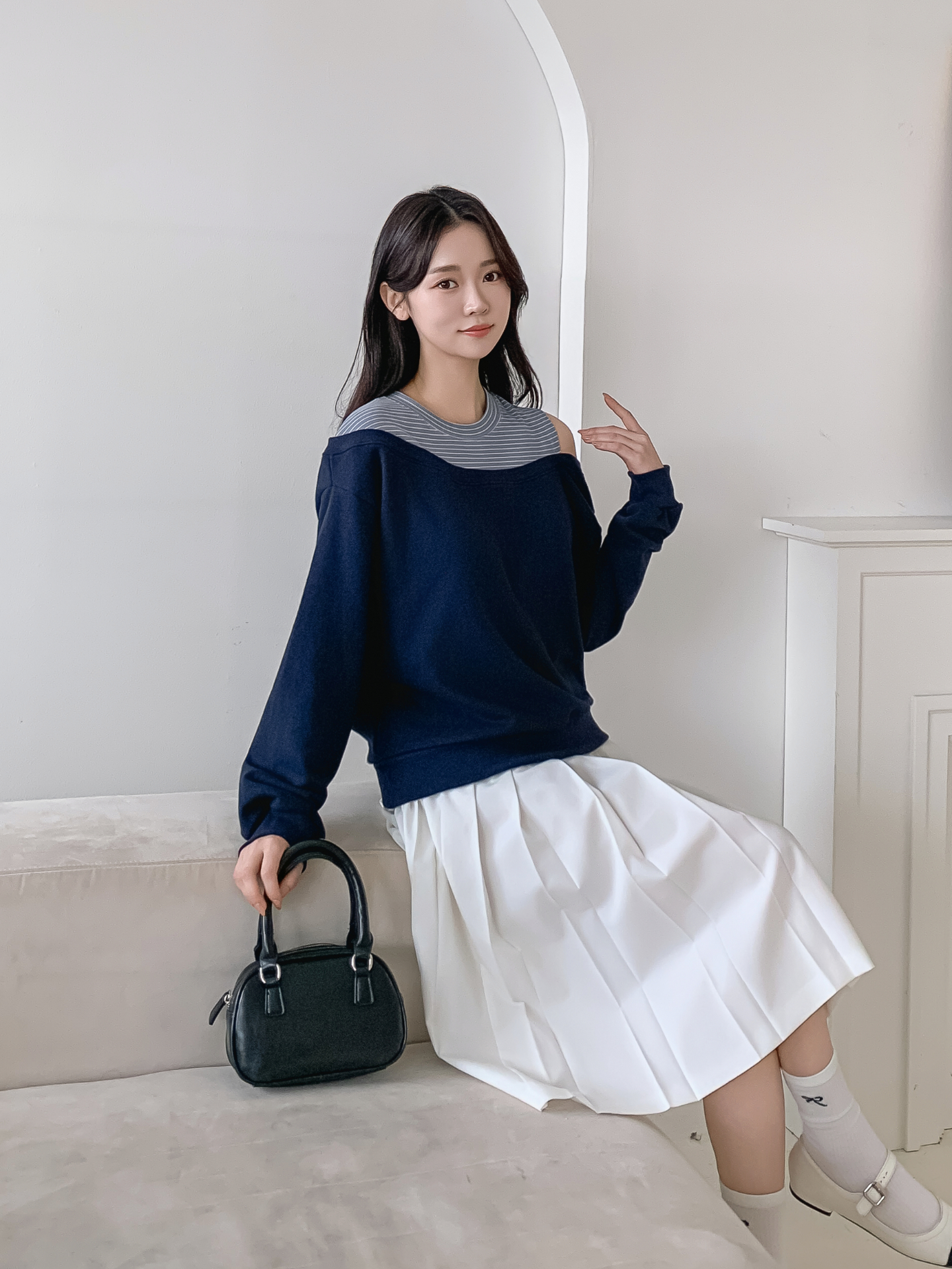 ワンショルダーレイヤード風ルーズ長袖ボーダースウェット | 詳細画像25