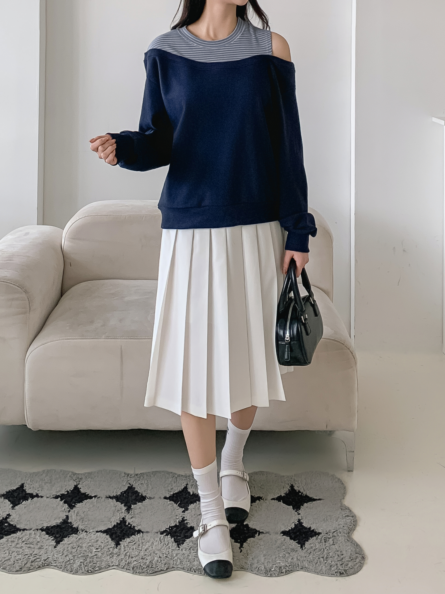 ワンショルダーレイヤード風ルーズ長袖ボーダースウェット | 詳細画像27