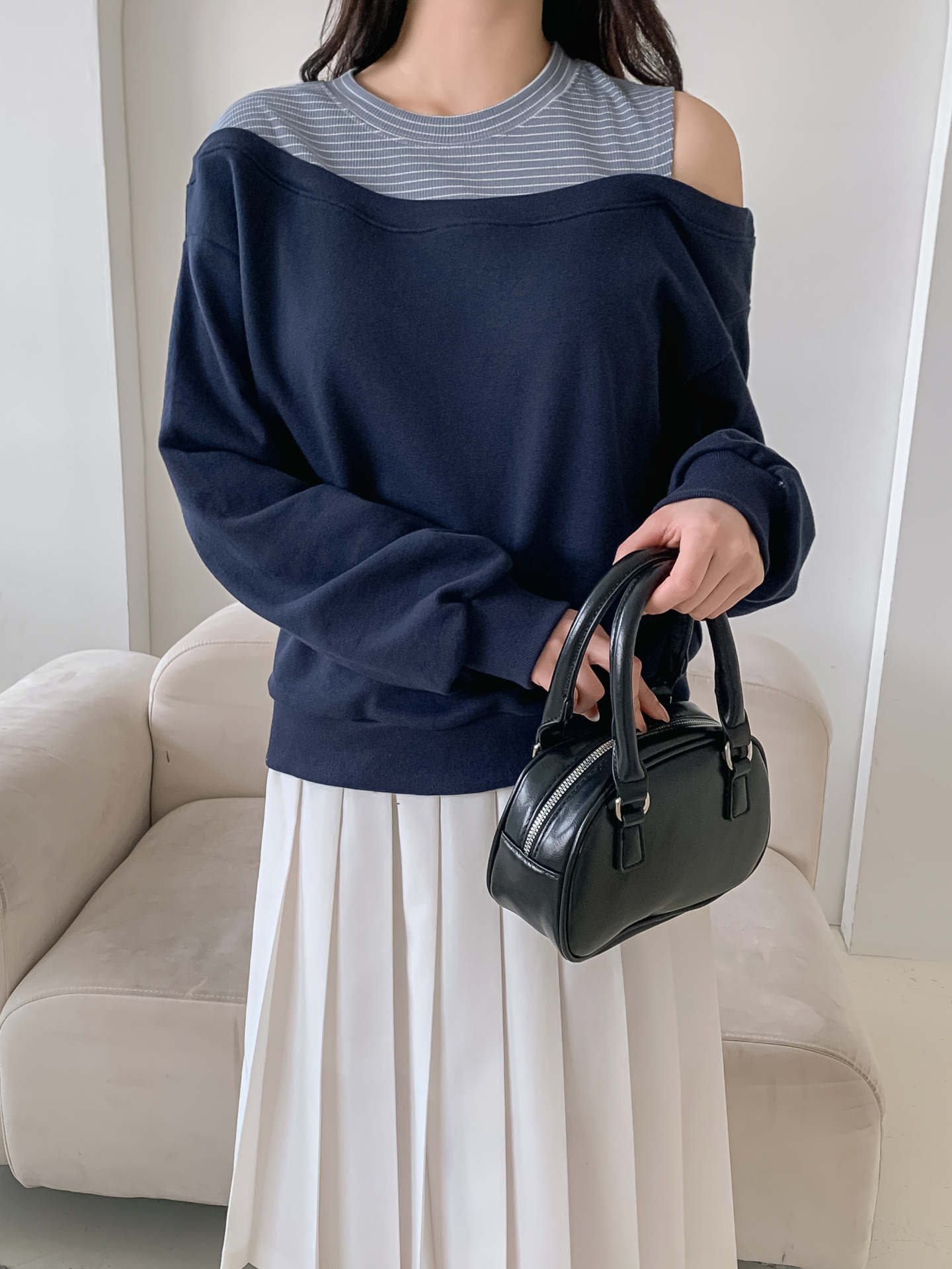 ワンショルダーレイヤード風ルーズ長袖ボーダースウェット | 詳細画像28