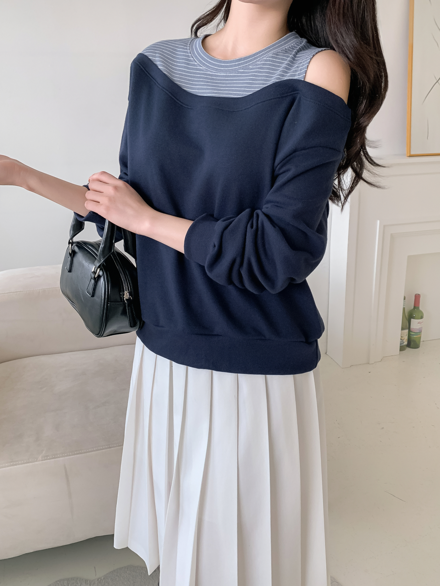 ワンショルダーレイヤード風ルーズ長袖ボーダースウェット | 詳細画像29