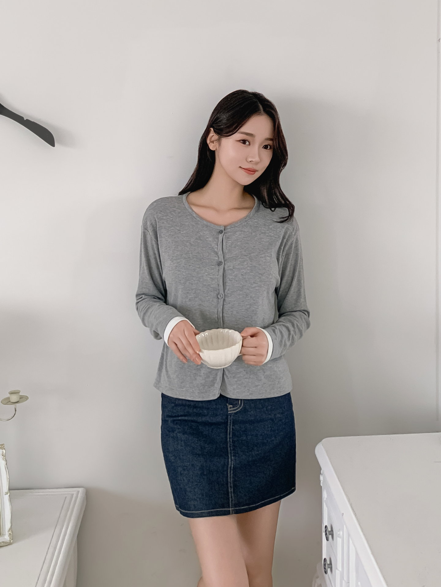 ラウンドネックレイヤード風ハーフボタン長袖無地Tシャツ | 詳細画像10