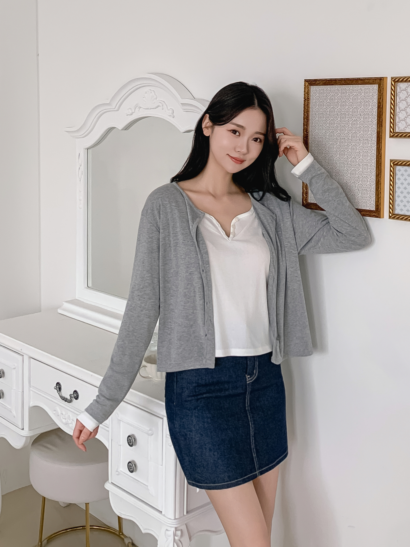 ラウンドネックレイヤード風ハーフボタン長袖無地Tシャツ | 詳細画像15