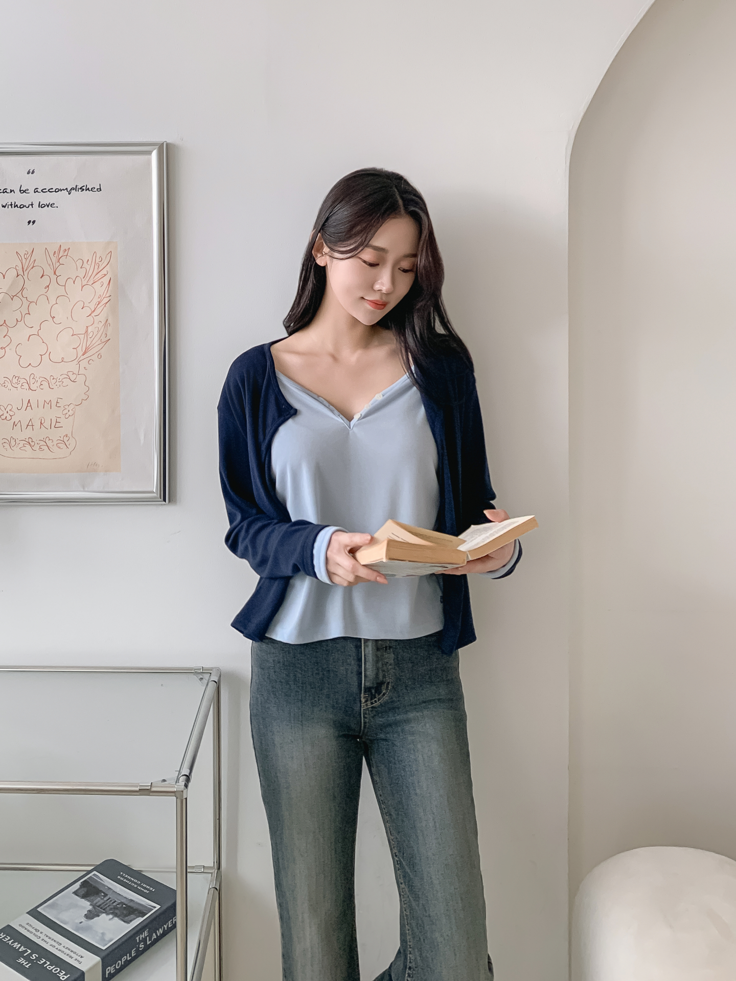 ラウンドネックレイヤード風ハーフボタン長袖無地Tシャツ | 詳細画像20