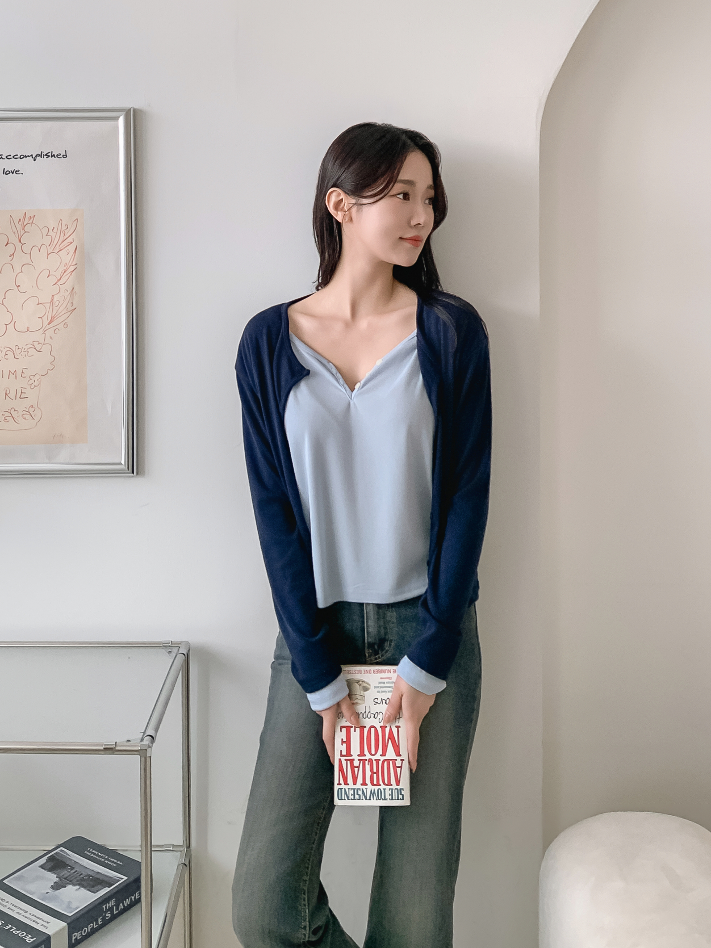 ラウンドネックレイヤード風ハーフボタン長袖無地Tシャツ | 詳細画像22