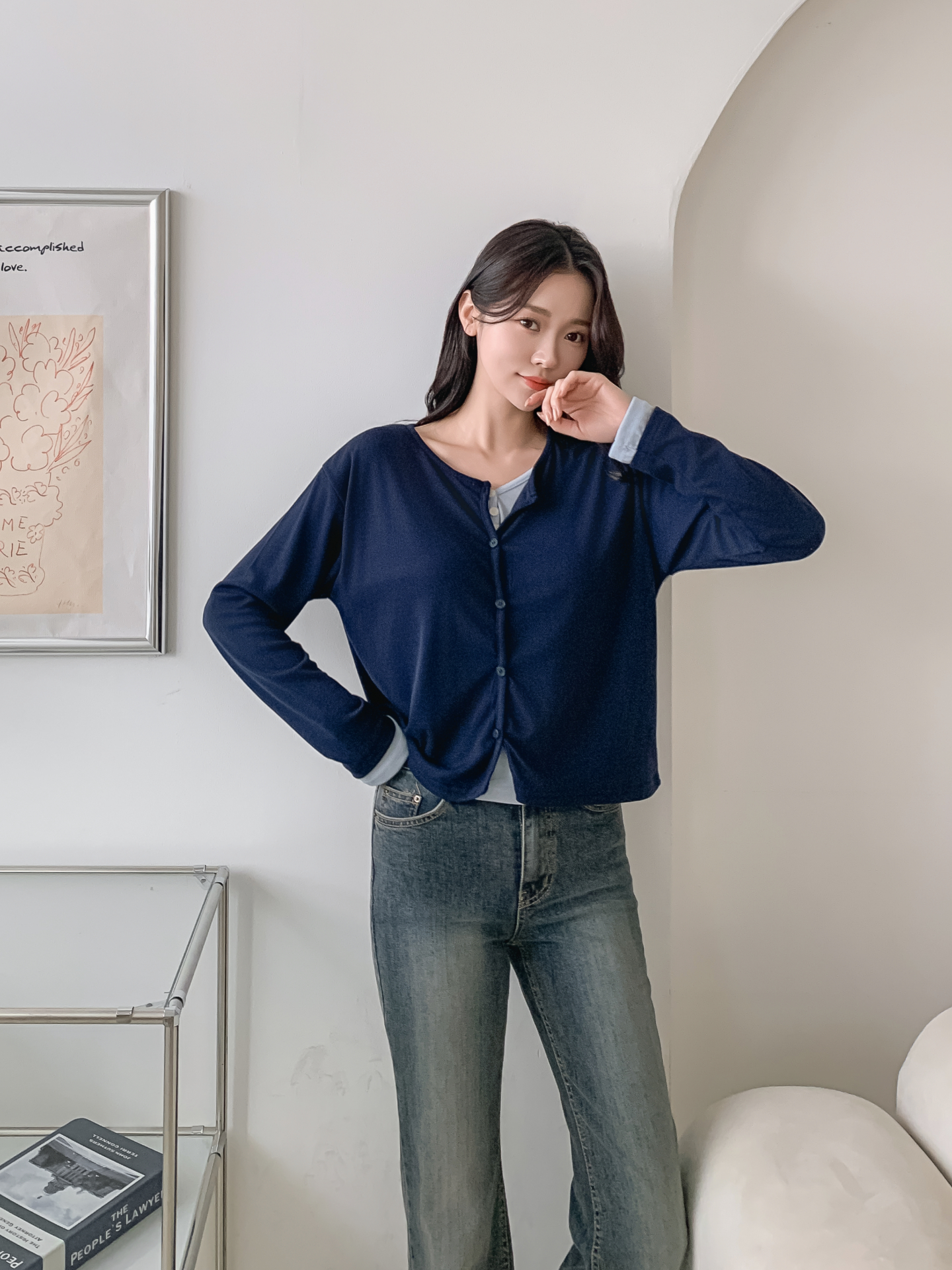 ラウンドネックレイヤード風ハーフボタン長袖無地Tシャツ | 詳細画像26