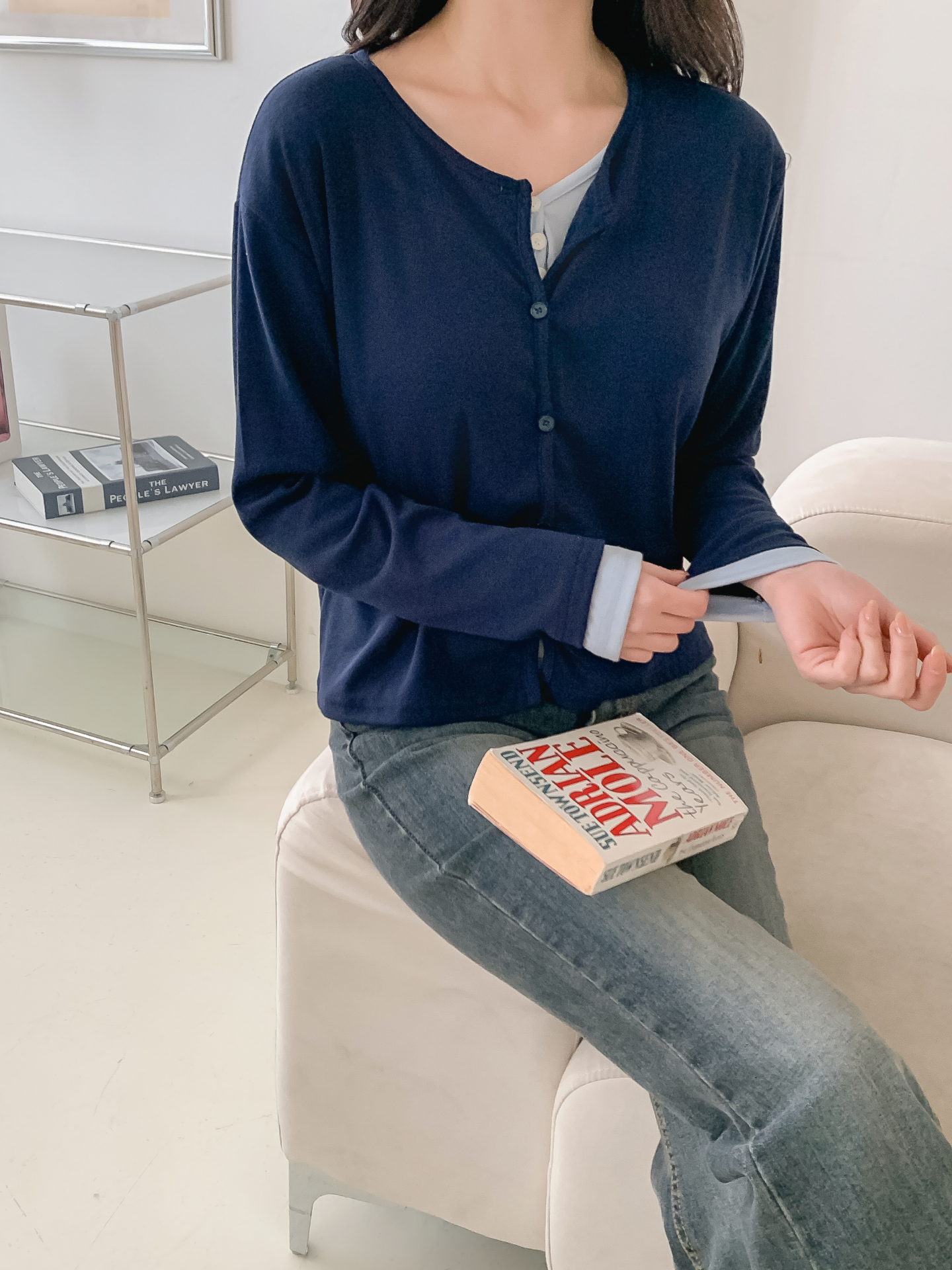 ラウンドネックレイヤード風ハーフボタン長袖無地Tシャツ | 詳細画像27