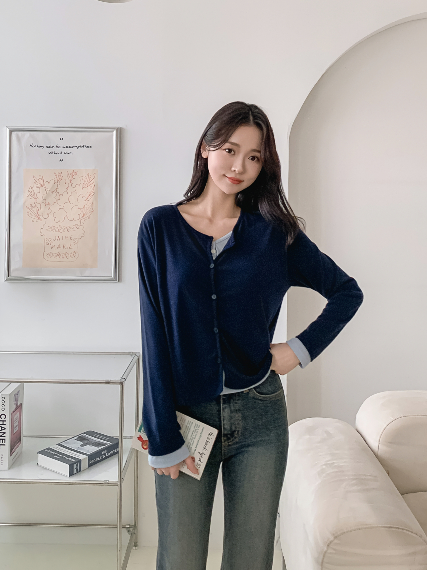 ラウンドネックレイヤード風ハーフボタン長袖無地Tシャツ | 詳細画像30