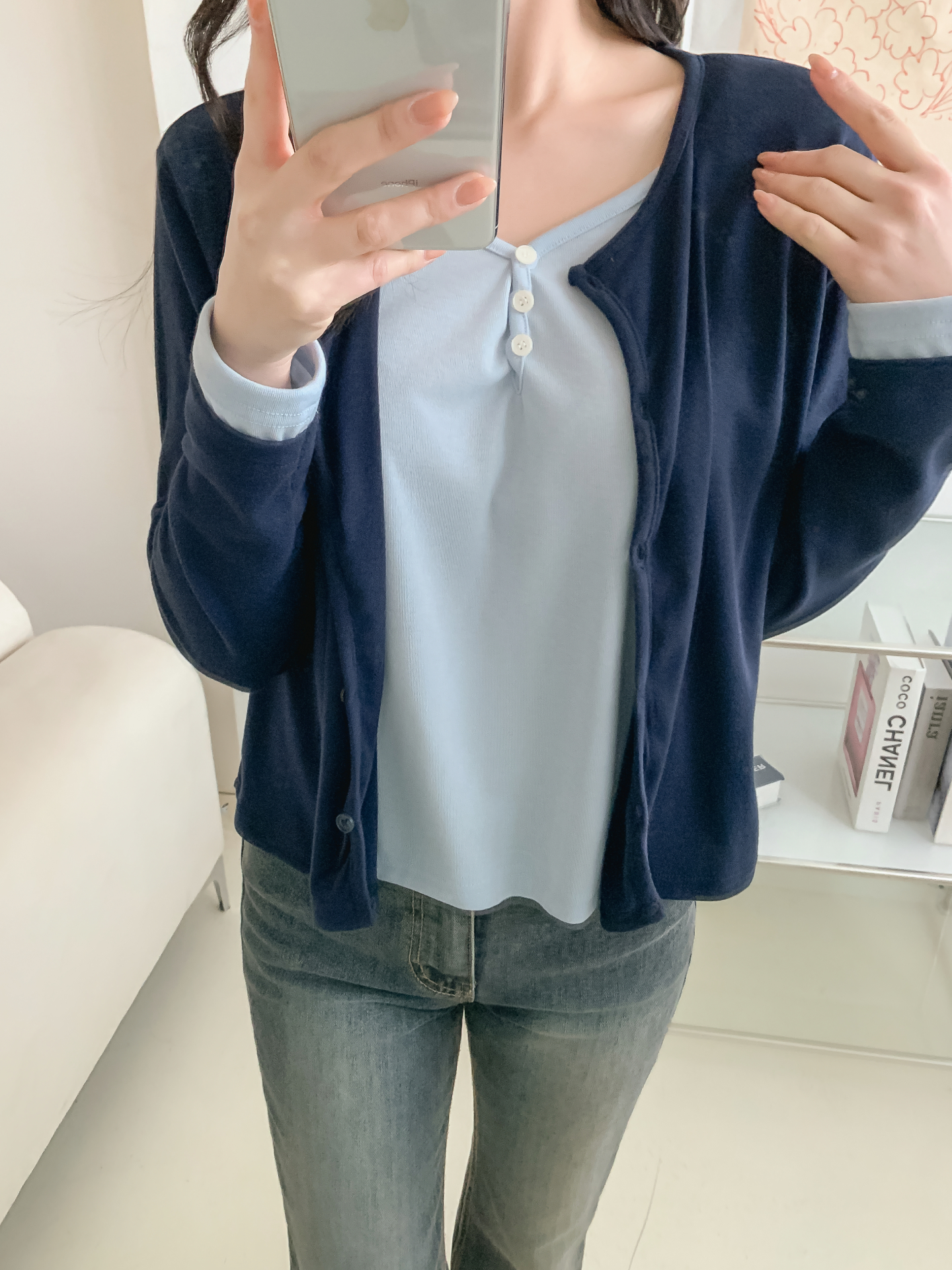 ラウンドネックレイヤード風ハーフボタン長袖無地Tシャツ | 詳細画像32