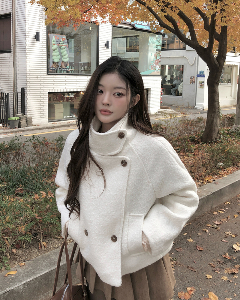 キルティングブークレハイネックオーバーサイズ長袖フラップポケットダブルボタンダブルジャケット | 詳細画像3