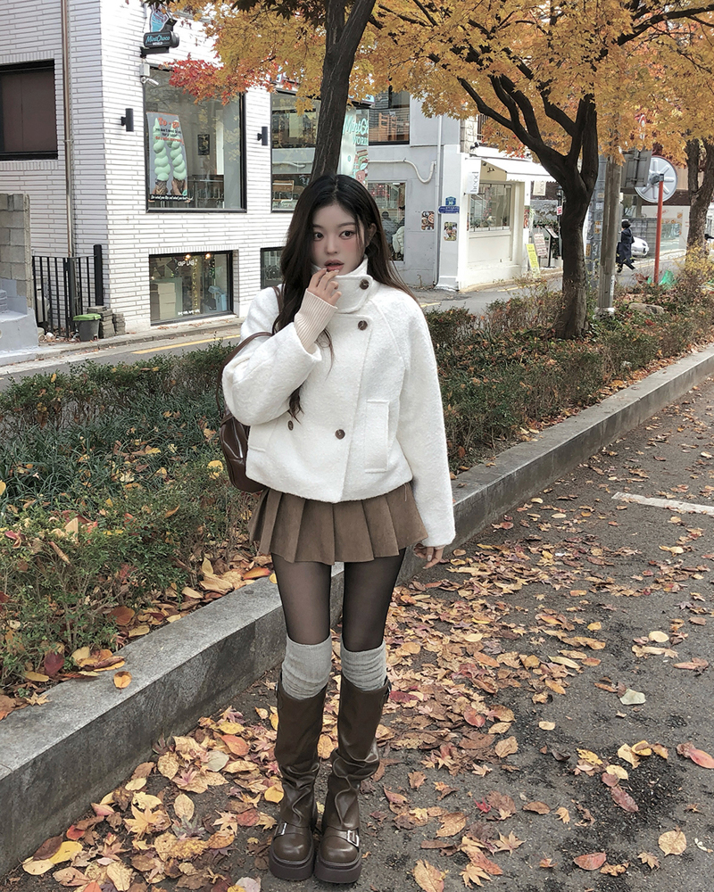 キルティングブークレハイネックオーバーサイズ長袖フラップポケットダブルボタンダブルジャケット | 詳細画像6