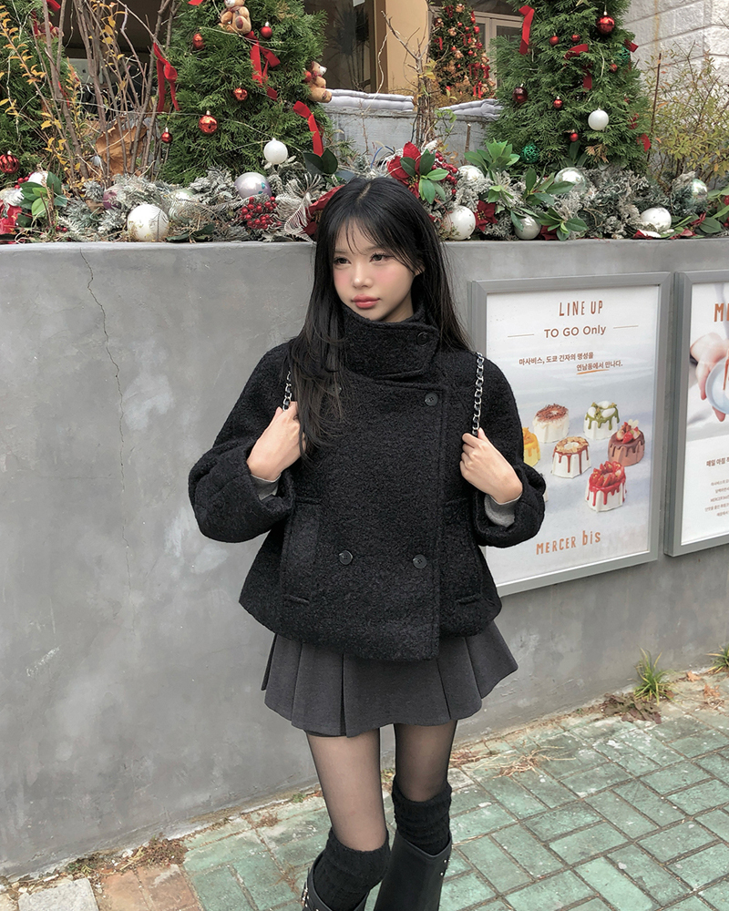 キルティングブークレハイネックオーバーサイズ長袖フラップポケットダブルボタンダブルジャケット | 詳細画像12