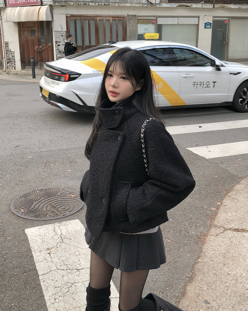 キルティングブークレハイネックオーバーサイズ長袖フラップポケットダブルボタンダブルジャケット | 詳細画像14