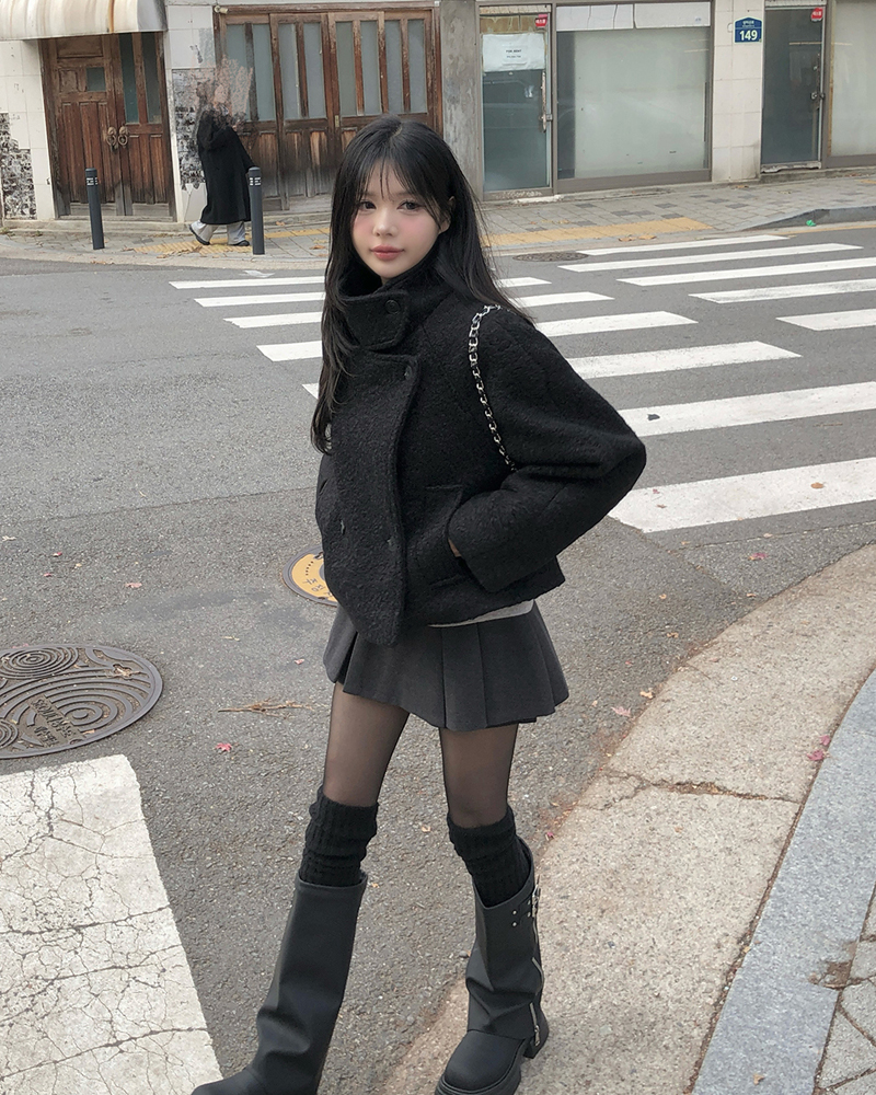 キルティングブークレハイネックオーバーサイズ長袖フラップポケットダブルボタンダブルジャケット | 詳細画像16