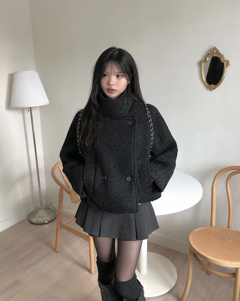 キルティングブークレハイネックオーバーサイズ長袖フラップポケットダブルボタンダブルジャケット | 詳細画像17