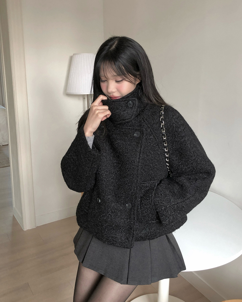 キルティングブークレハイネックオーバーサイズ長袖フラップポケットダブルボタンダブルジャケット | 詳細画像18