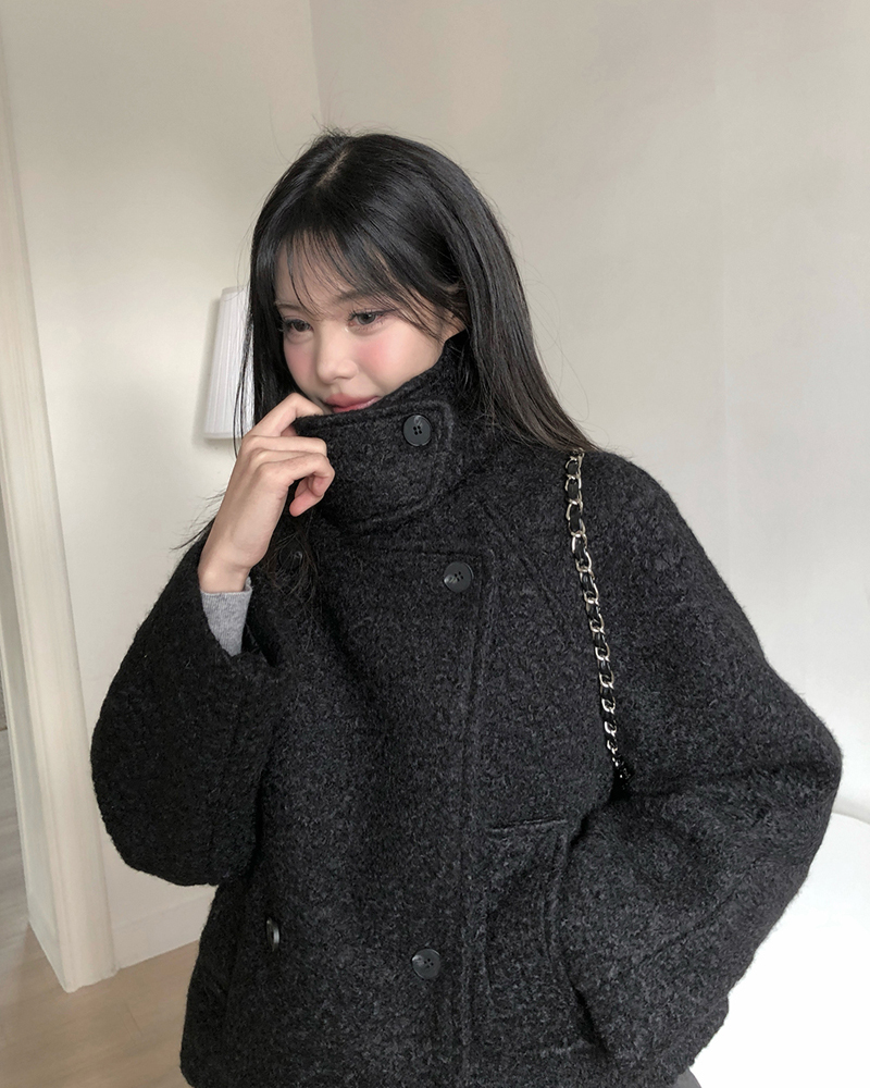 キルティングブークレハイネックオーバーサイズ長袖フラップポケットダブルボタンダブルジャケット | 詳細画像19