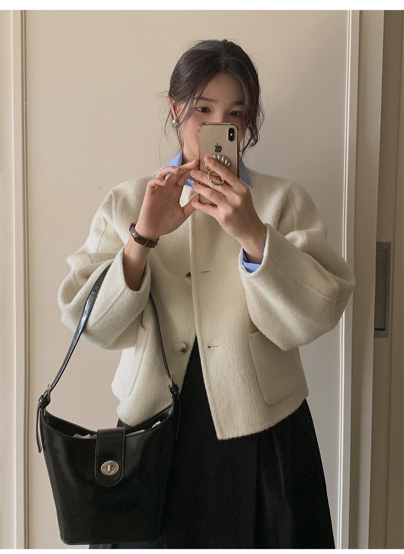 ウール混ボタンラウンドネックラインルーズ長袖アウトポケットハーフジャケット | 詳細画像2