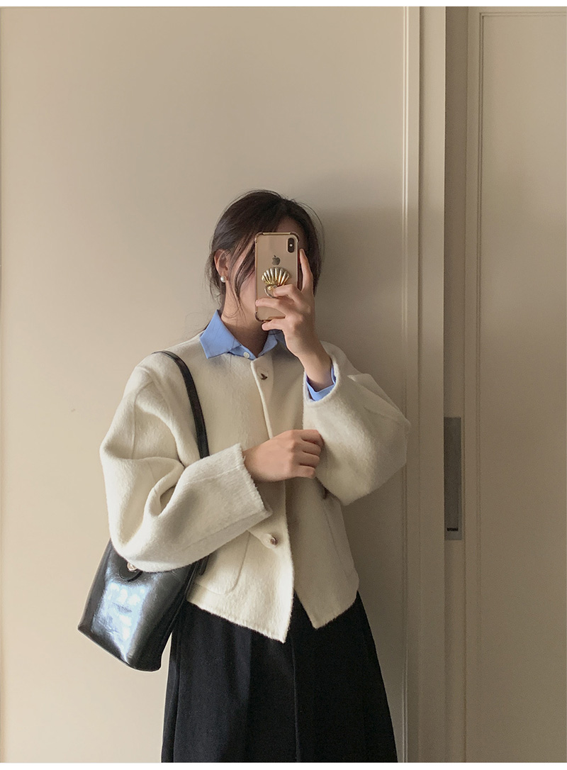 ウール混ボタンラウンドネックラインルーズ長袖アウトポケットハーフジャケット | 詳細画像3