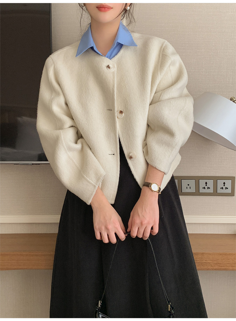 ウール混ボタンラウンドネックラインルーズ長袖アウトポケットハーフジャケット | 詳細画像6