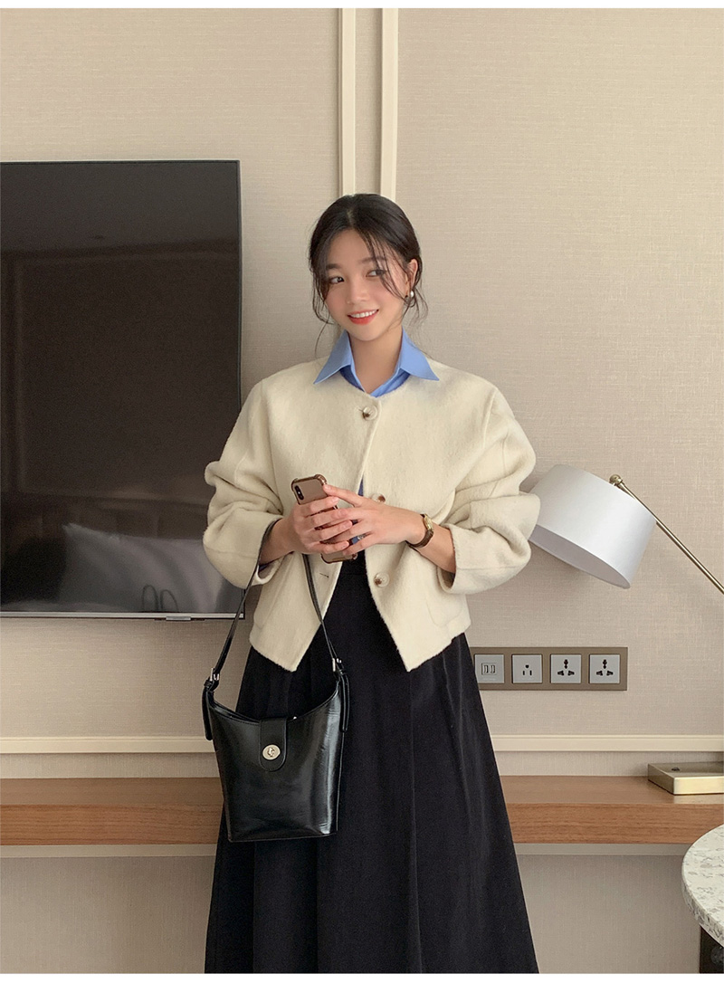 ウール混ボタンラウンドネックラインルーズ長袖アウトポケットハーフジャケット | 詳細画像7