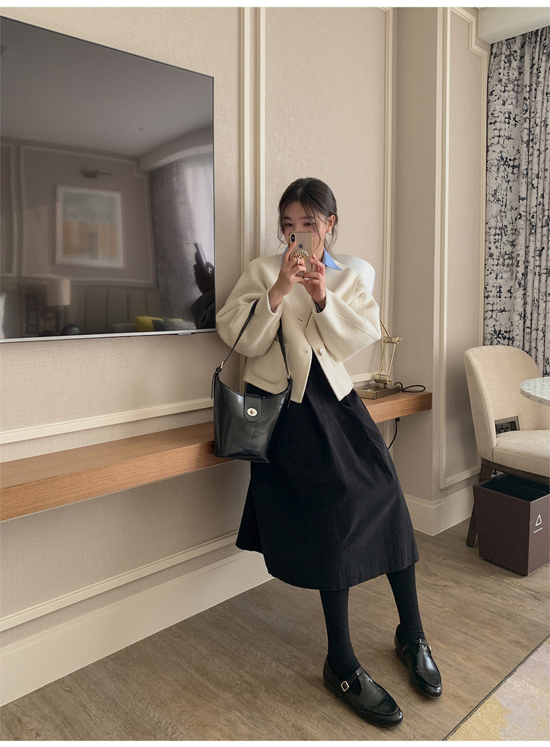 ウール混ボタンラウンドネックラインルーズ長袖アウトポケットハーフジャケット | 詳細画像8