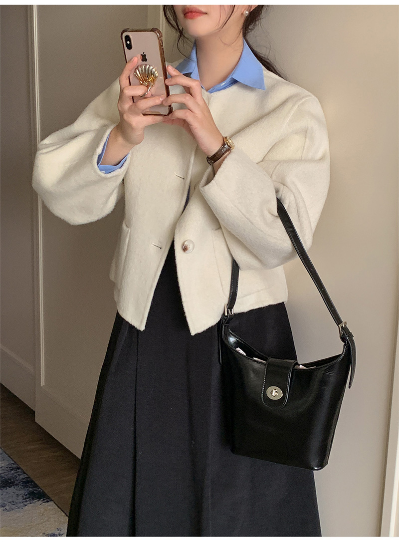 ウール混ボタンラウンドネックラインルーズ長袖アウトポケットハーフジャケット | 詳細画像9