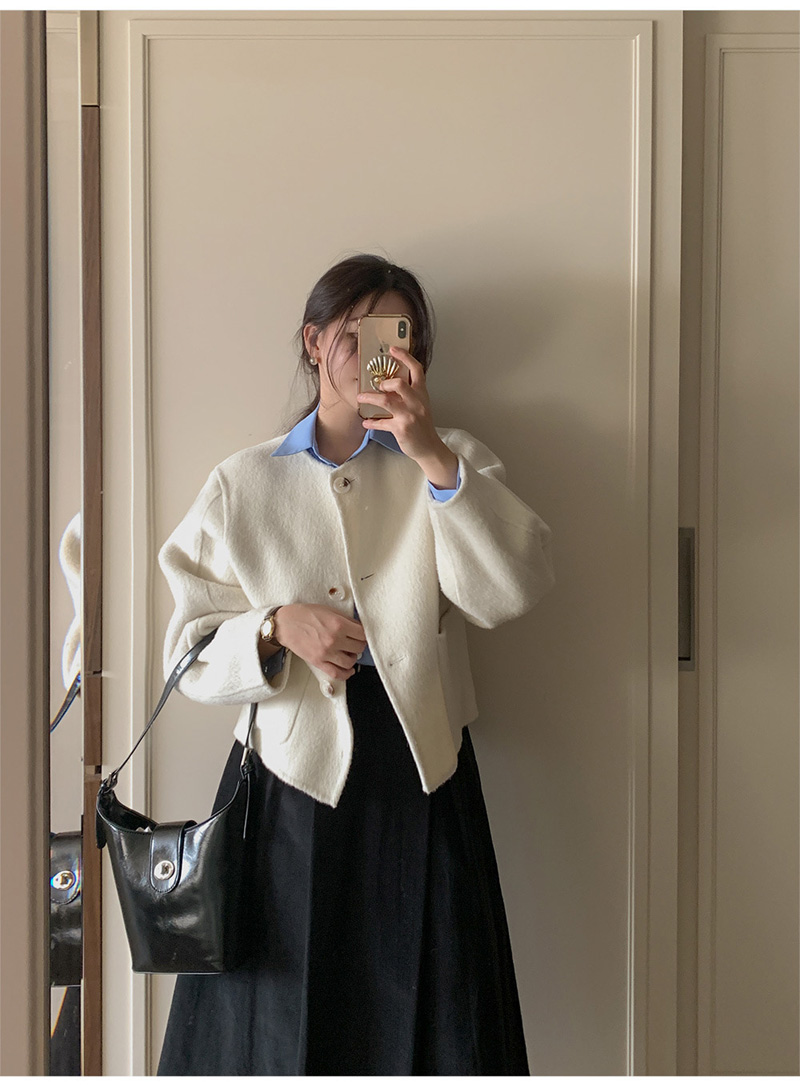 ウール混ボタンラウンドネックラインルーズ長袖アウトポケットハーフジャケット | 詳細画像10