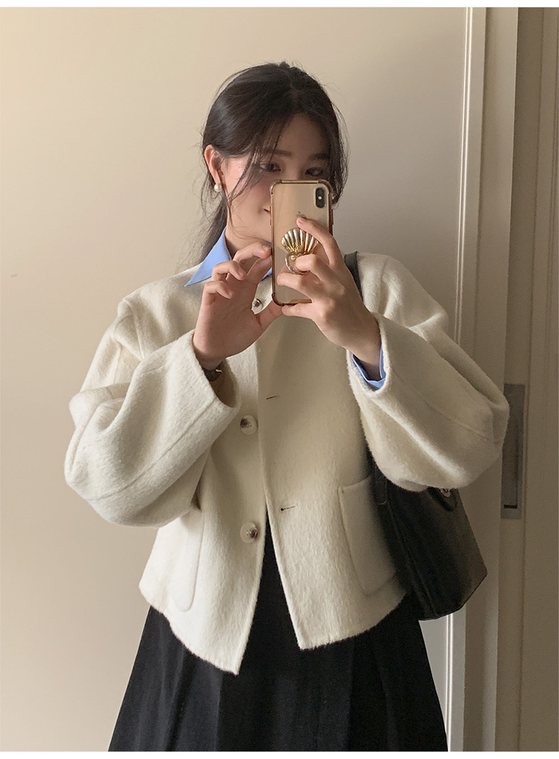 ウール混ボタンラウンドネックラインルーズ長袖アウトポケットハーフジャケット | 詳細画像12