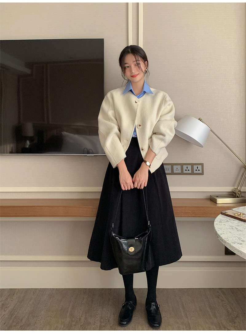 ウール混ボタンラウンドネックラインルーズ長袖アウトポケットハーフジャケット | 詳細画像13