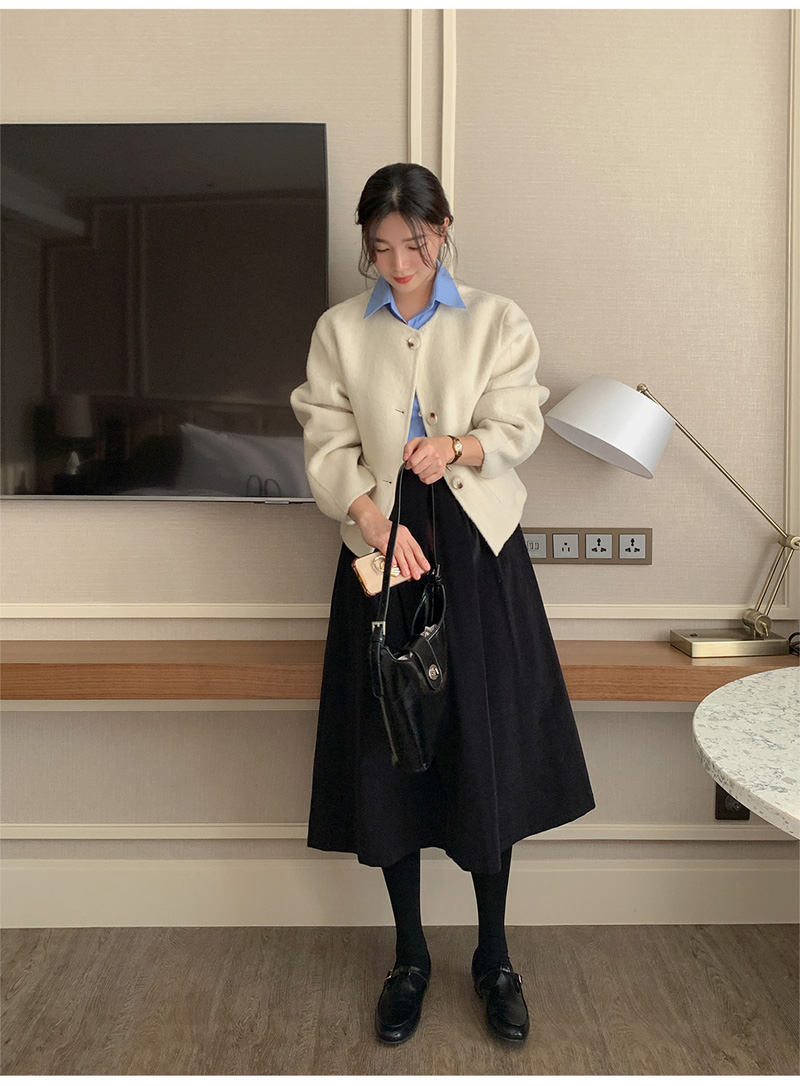 ウール混ボタンラウンドネックラインルーズ長袖アウトポケットハーフジャケット | 詳細画像14