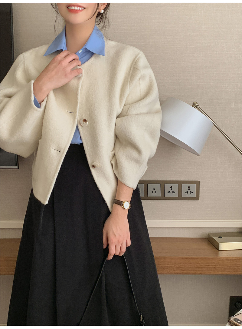 ウール混ボタンラウンドネックラインルーズ長袖アウトポケットハーフジャケット | 詳細画像15