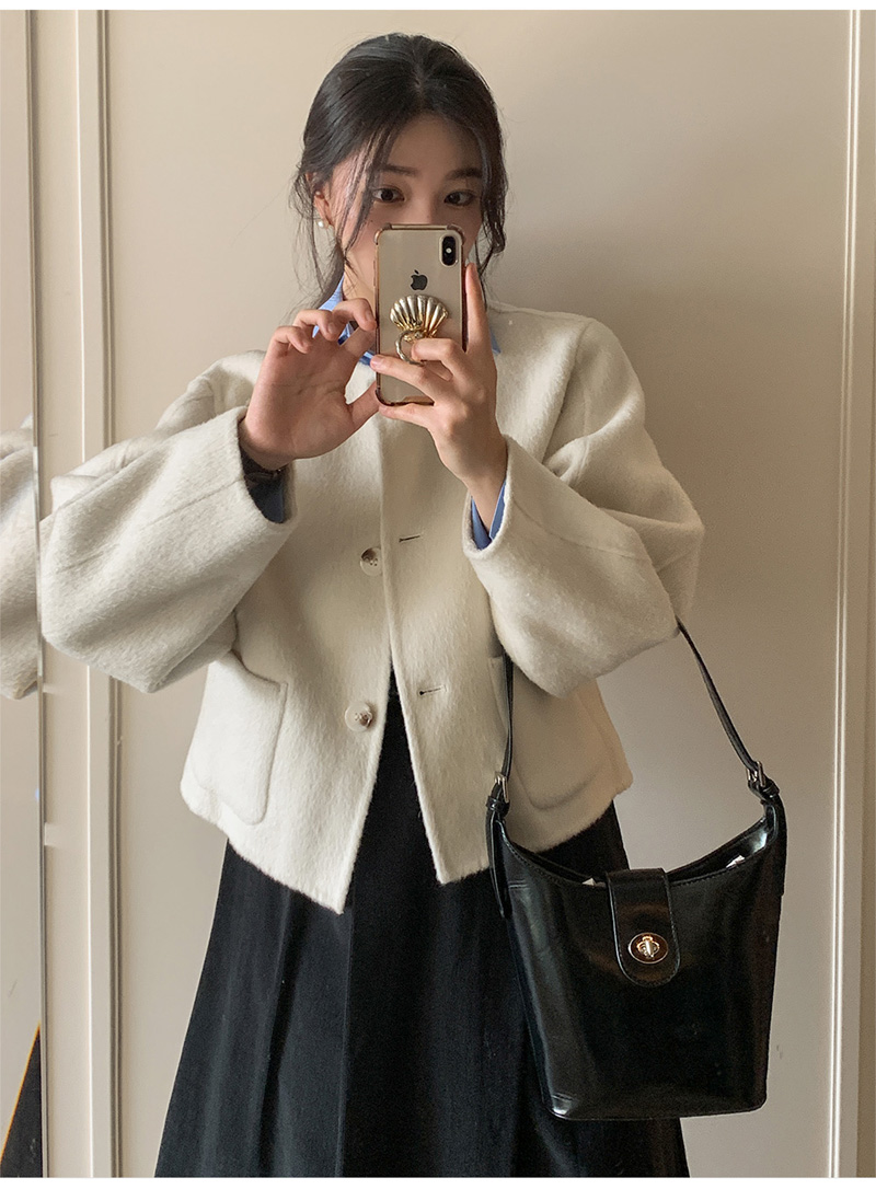 ウール混ボタンラウンドネックラインルーズ長袖アウトポケットハーフジャケット | 詳細画像17