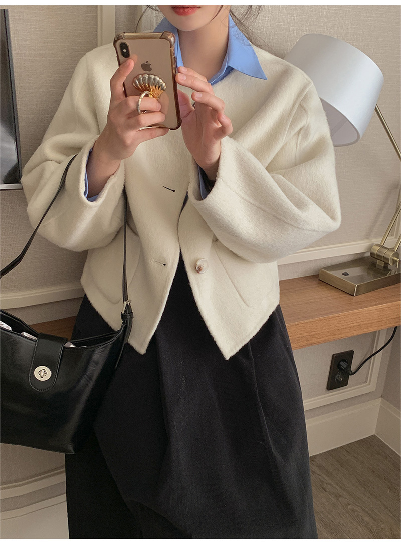 ウール混ボタンラウンドネックラインルーズ長袖アウトポケットハーフジャケット | 詳細画像18