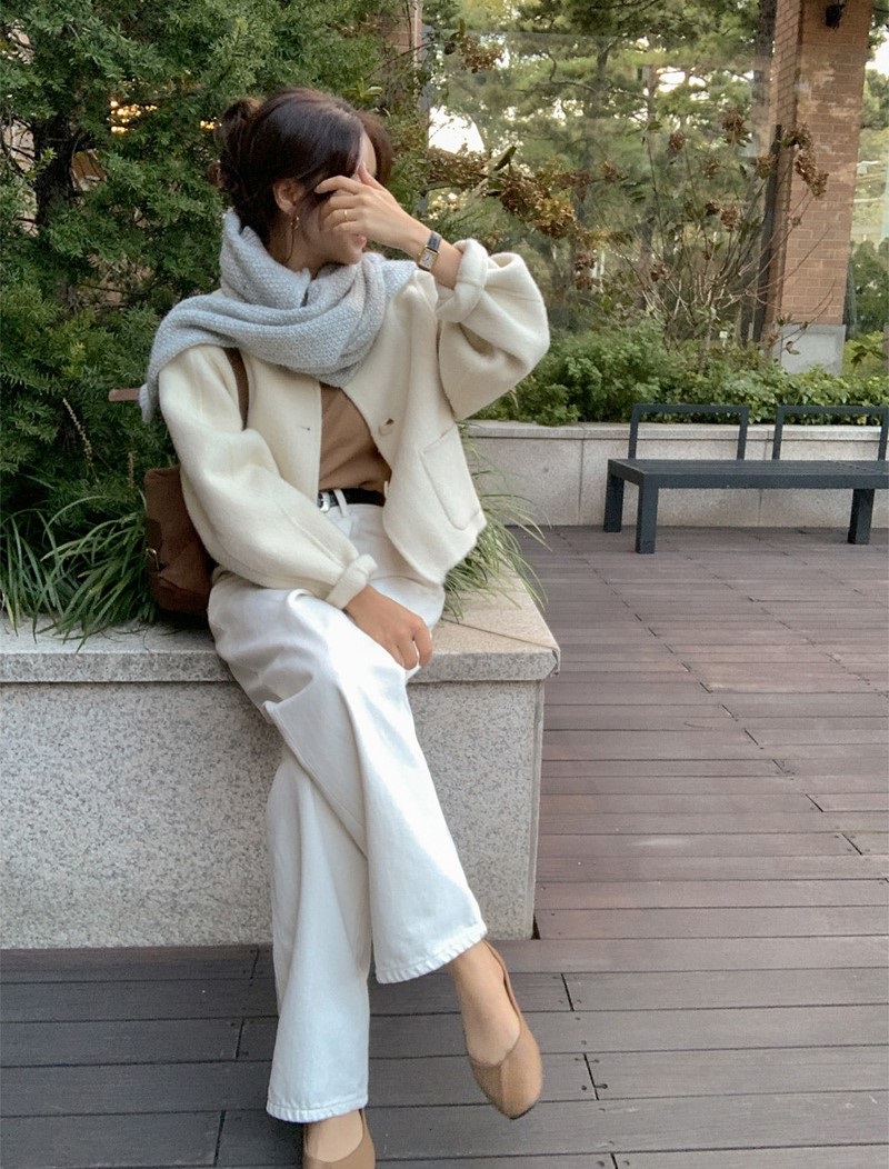 ウール混ボタンラウンドネックラインルーズ長袖アウトポケットハーフジャケット | 詳細画像20