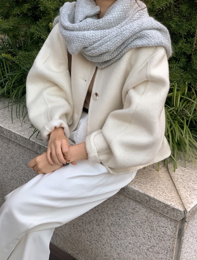 ウール混ボタンラウンドネックラインルーズ長袖アウトポケットハーフジャケット | 詳細画像21