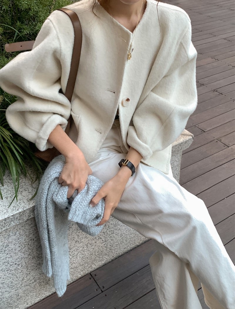 ウール混ボタンラウンドネックラインルーズ長袖アウトポケットハーフジャケット | 詳細画像22