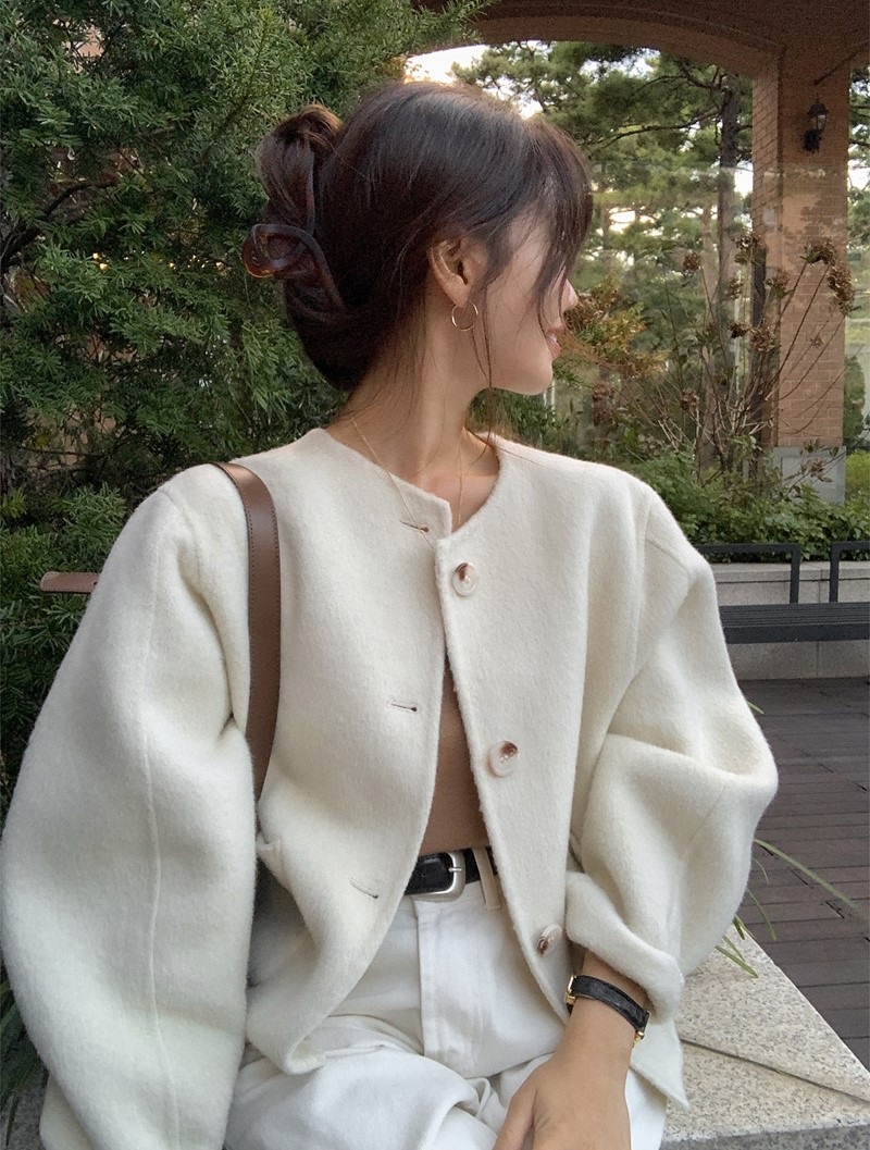 ウール混ボタンラウンドネックラインルーズ長袖アウトポケットハーフジャケット | 詳細画像24