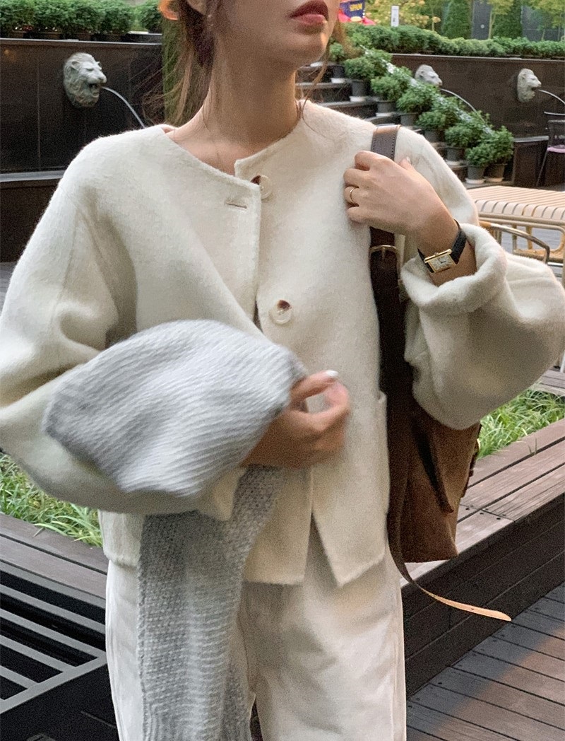 ウール混ボタンラウンドネックラインルーズ長袖アウトポケットハーフジャケット | 詳細画像25