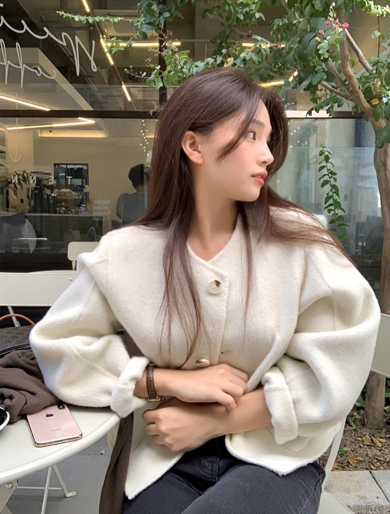 ウール混ボタンラウンドネックラインルーズ長袖アウトポケットハーフジャケット | 詳細画像30