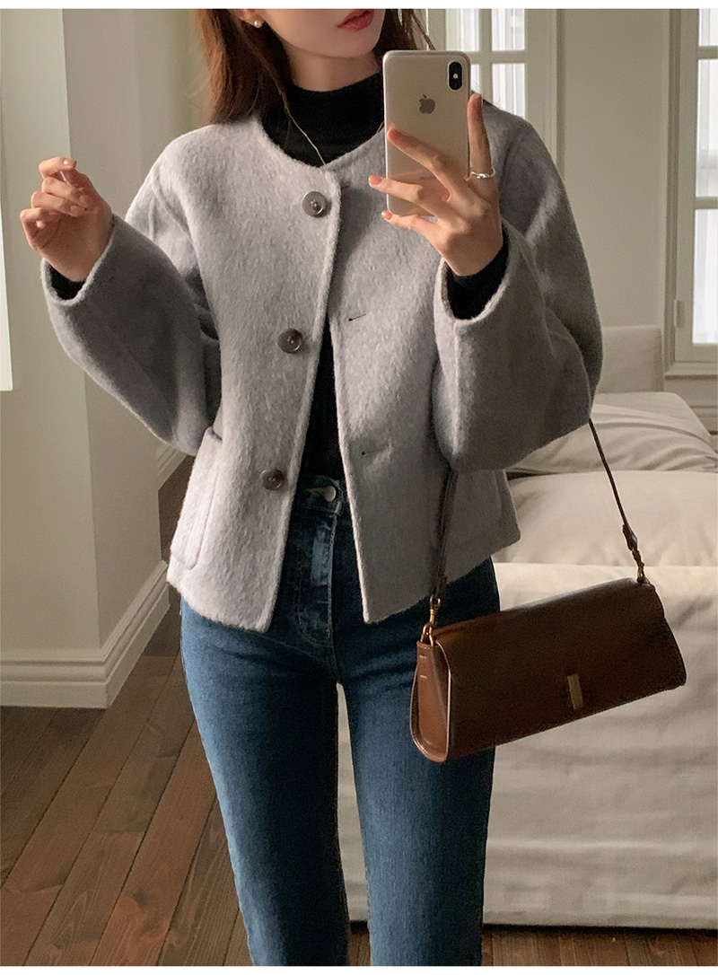 ウール混ボタンラウンドネックラインルーズ長袖アウトポケットハーフジャケット | 詳細画像34