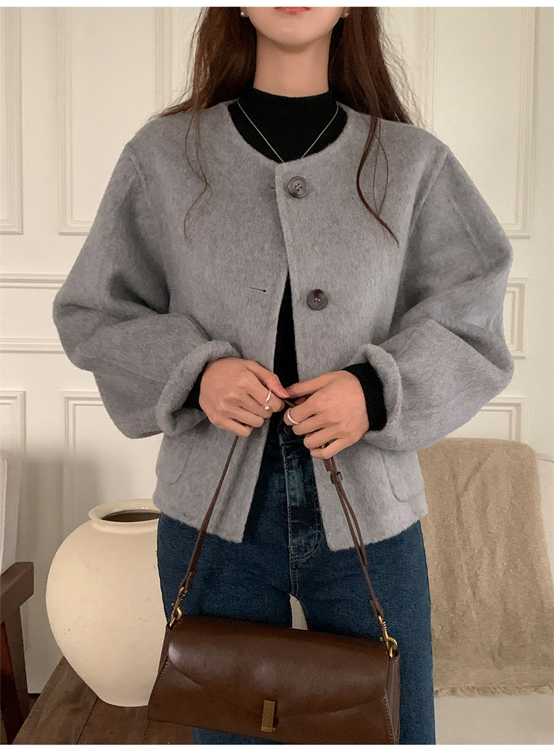 ウール混ボタンラウンドネックラインルーズ長袖アウトポケットハーフジャケット | 詳細画像35