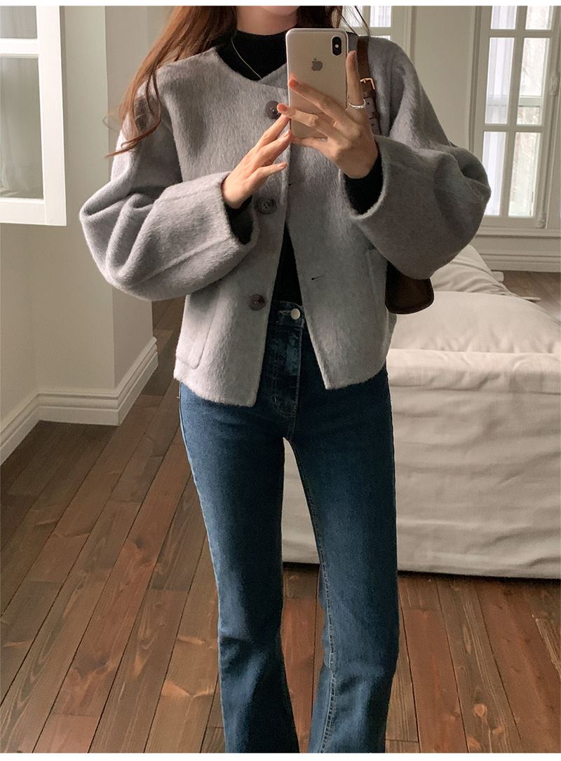 ウール混ボタンラウンドネックラインルーズ長袖アウトポケットハーフジャケット | 詳細画像36