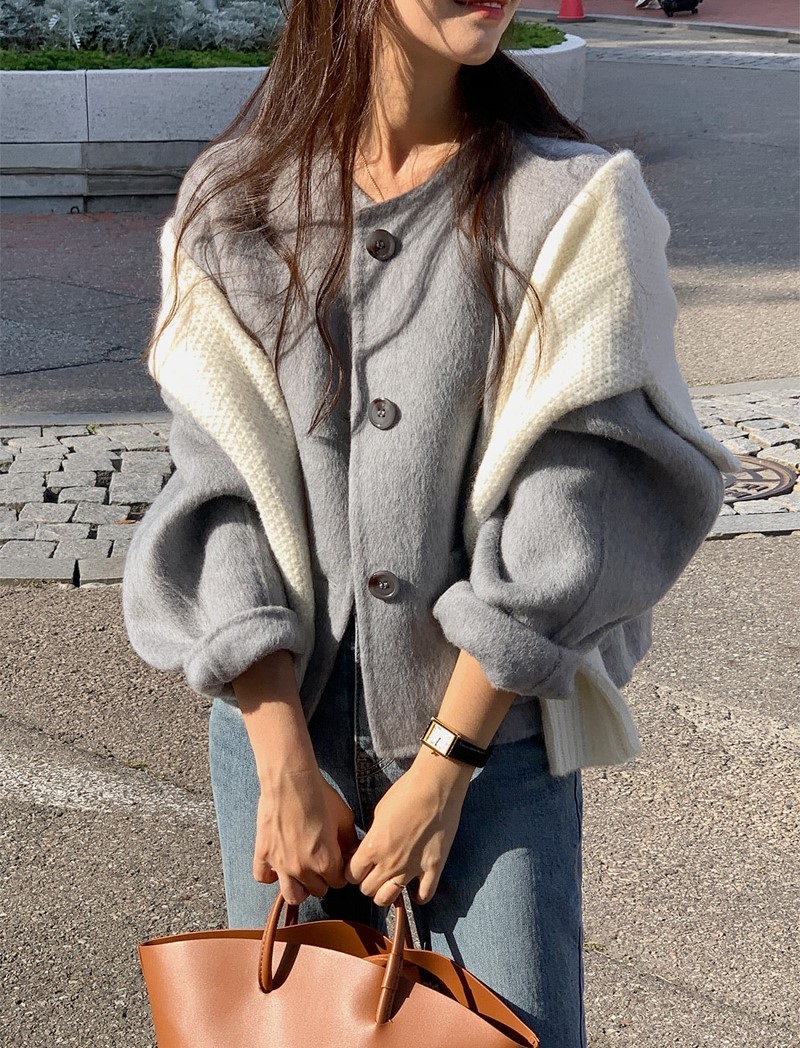 ウール混ボタンラウンドネックラインルーズ長袖アウトポケットハーフジャケット | 詳細画像37