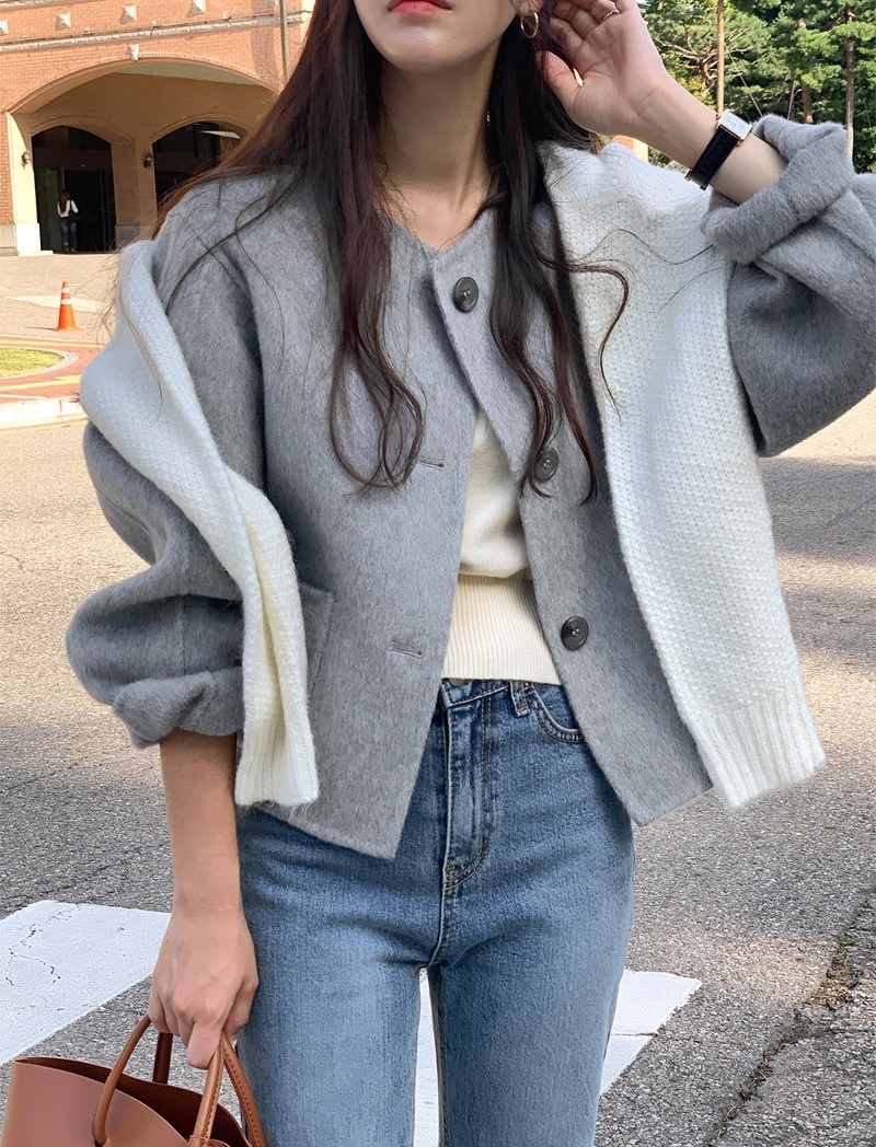 ウール混ボタンラウンドネックラインルーズ長袖アウトポケットハーフジャケット | 詳細画像38