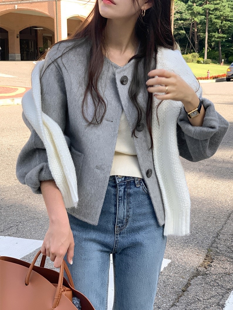 ウール混ボタンラウンドネックラインルーズ長袖アウトポケットハーフジャケット | 詳細画像39