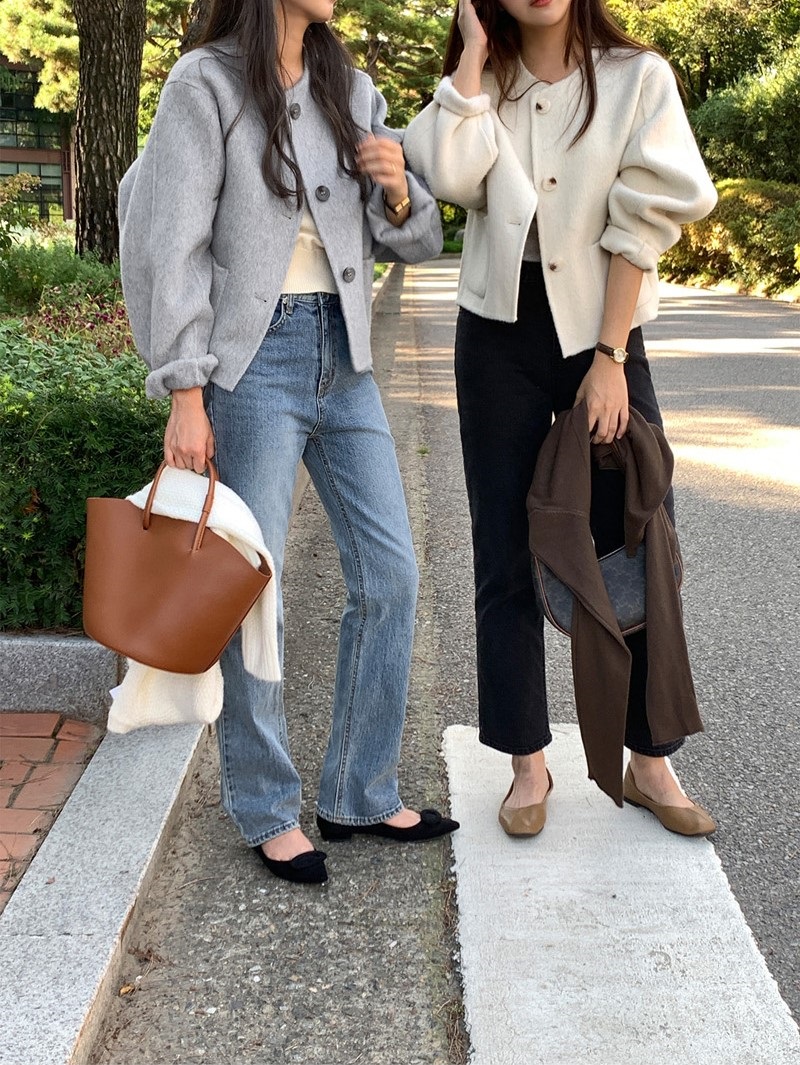 ウール混ボタンラウンドネックラインルーズ長袖アウトポケットハーフジャケット | 詳細画像40