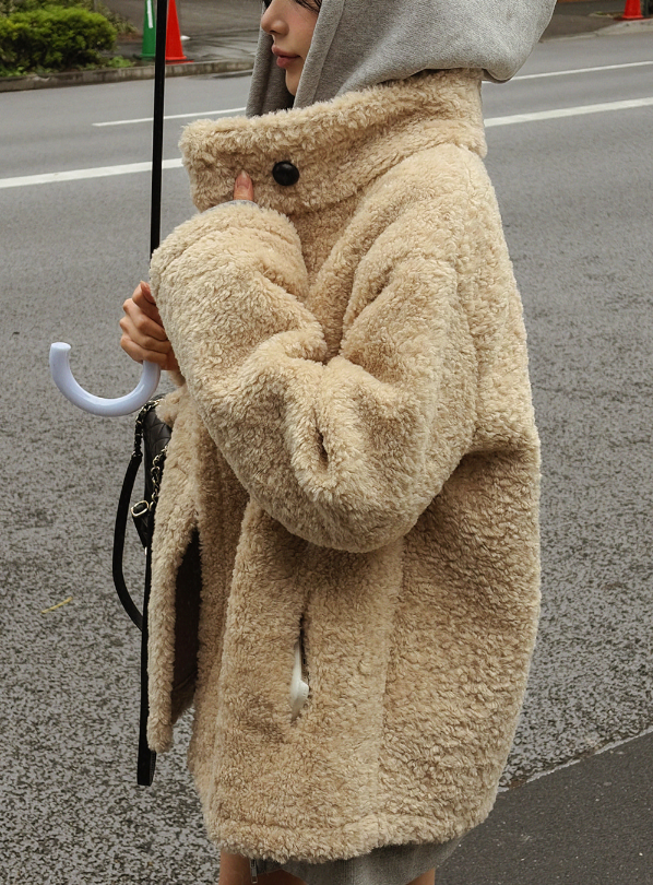 エコファーボタンハイネックポケットオーバーサイズ長袖ハーフコート | 詳細画像3