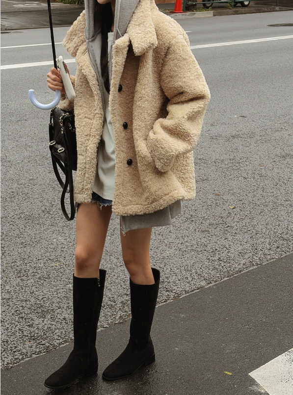 エコファーボタンハイネックポケットオーバーサイズ長袖ハーフコート | 詳細画像4