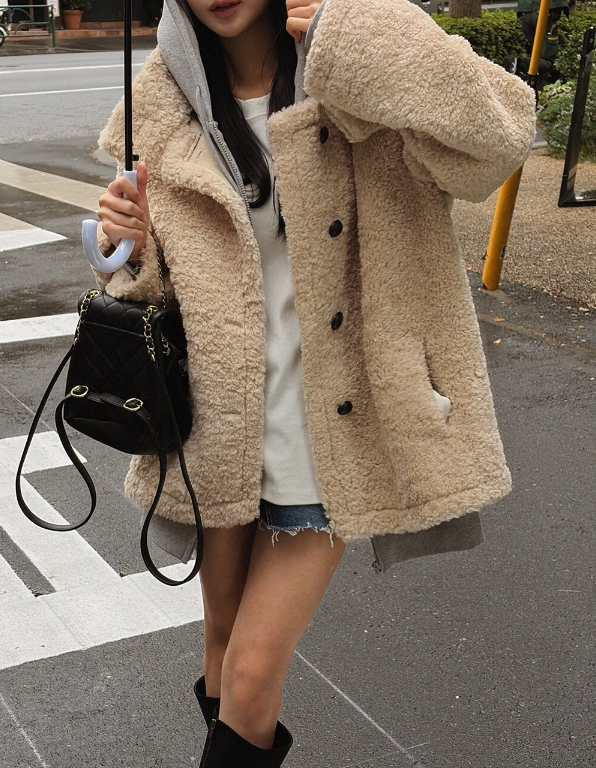 エコファーボタンハイネックポケットオーバーサイズ長袖ハーフコート | 詳細画像5